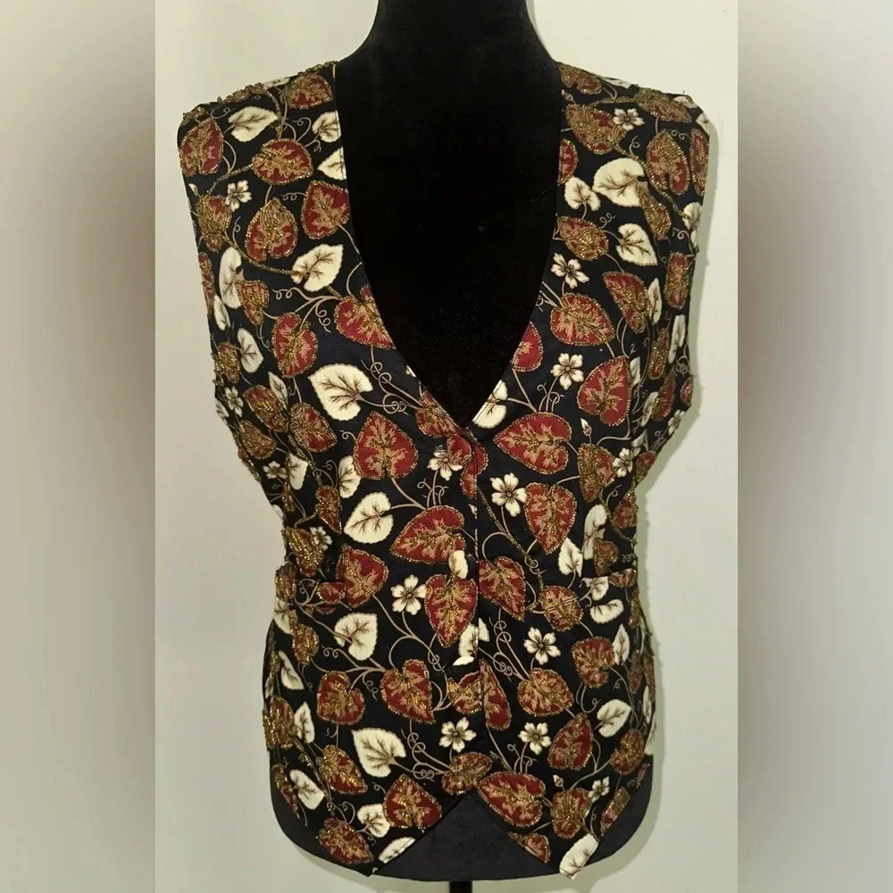 Halsey Collection Black Beaded Autumn Leaf Vest Size L - NWT - Picture 2 of 9